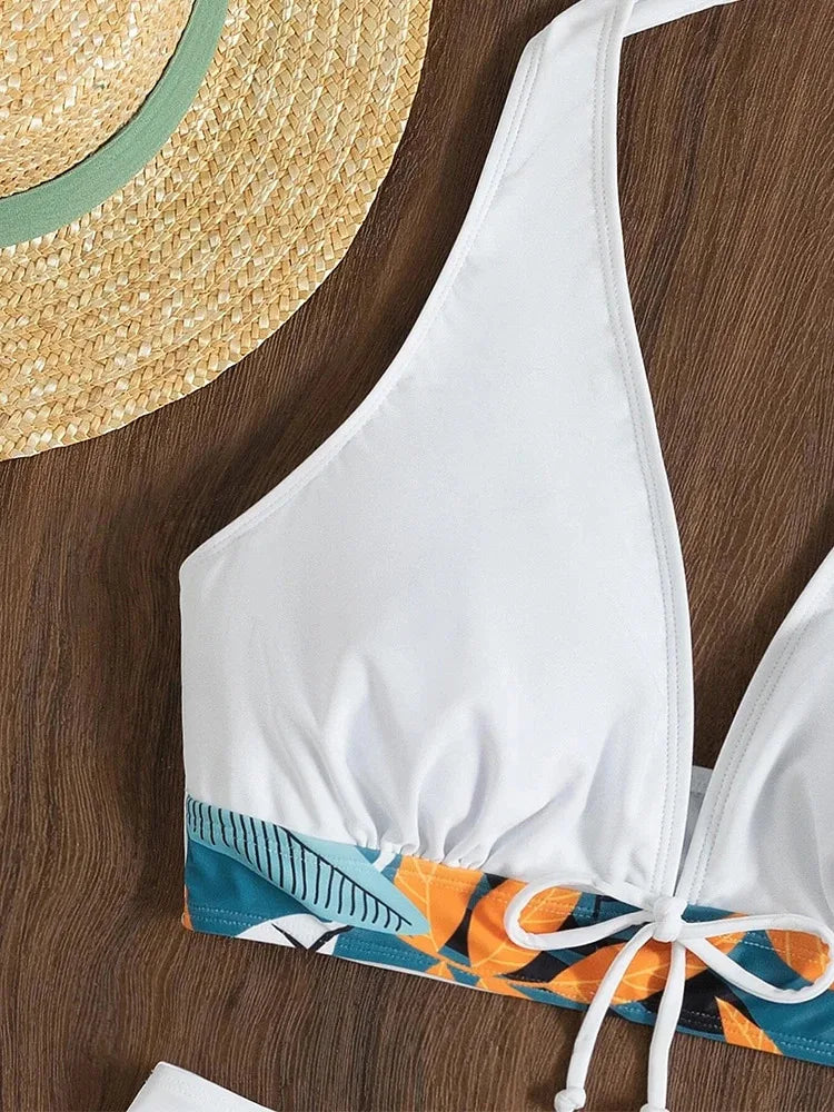2023 Women’s Halter High‑Waist Bikini Set – Printed Short Swimsuit Two‑Piece Beachwear