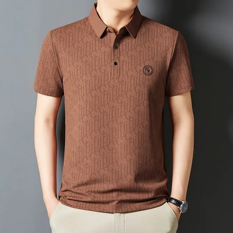 New Men's Business Casual Short Sleeved Shirt with Badge Solid Color Polo Shirt Fashionable Breathable Comfortable Versatile Top
