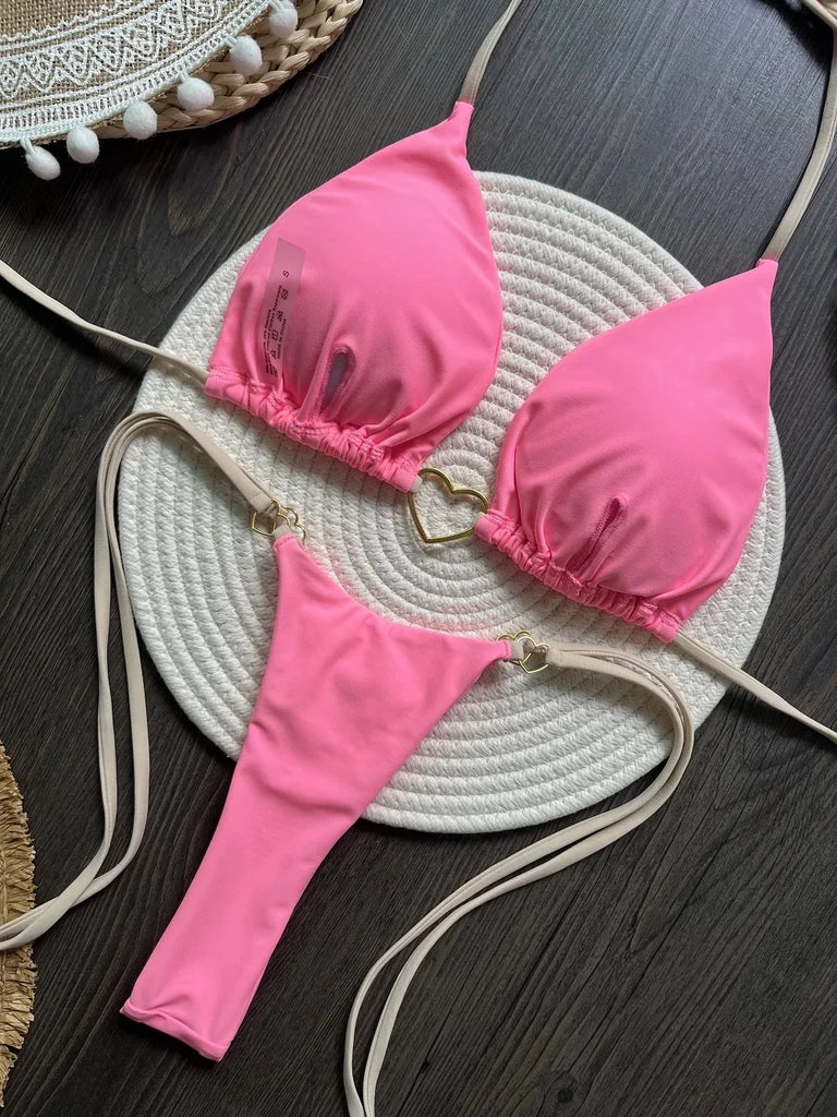 Women’s Sexy Halter Triangle Bikini – Low‑Waist Brazilian Thong Two‑Piece Swimsuit (Solid Color)