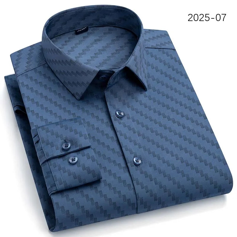 Men Long Sleeve Shirts Fashion Print Plaid Wrinkle Resistant Non Ironing Stripe Man Clothing Casual Smart Business Dress Shirts