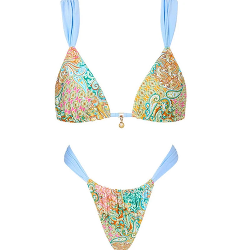 Women’s 2025 Tropical Plant Lace‑Up Micro Bikini – Halter Thong Swimsuit for Summer Beachwear