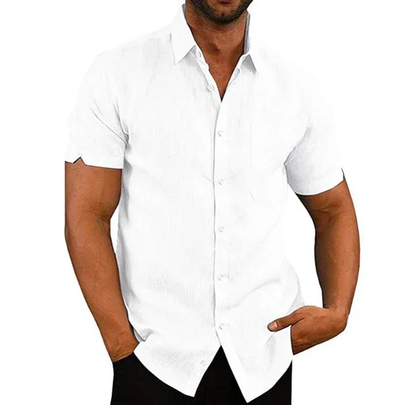 Men’s Cotton‑Linen Summer Shirt – Solid Short‑Sleeve Turn‑Down Collar Casual & Beachwear Top