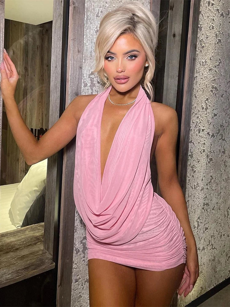 Women’s Mesh Pleated 2‑Piece Set – Halter Backless Top + Shirred Mini Skirt | Summer Chic Co‑ord Outfit
