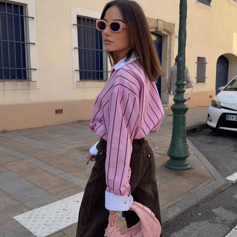 2026 Women’s Long Sleeve Collared Shirt — Striped Cuff Loose Chic Spring Summer Top