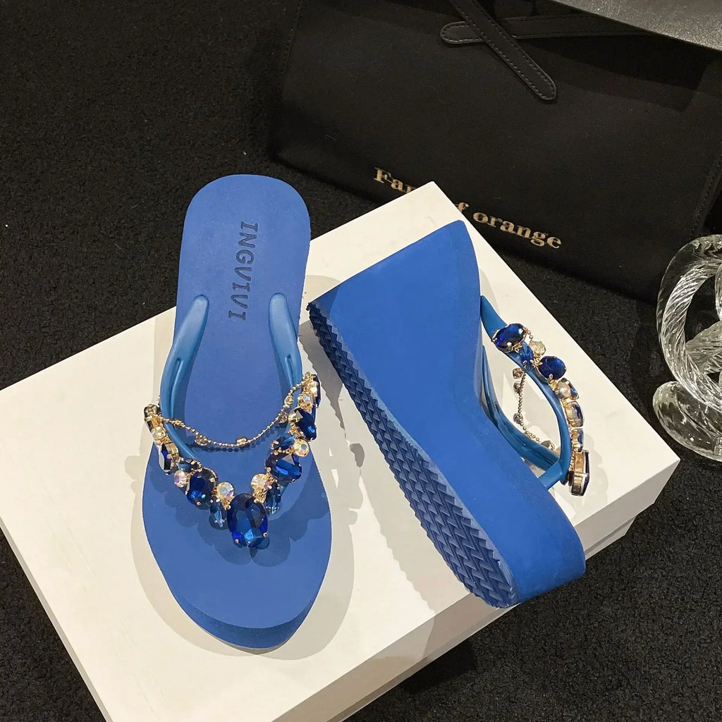 Women’s High Heeled Flip Flops — Diamond Slope Heel Slippers Elegant Beach Sandals