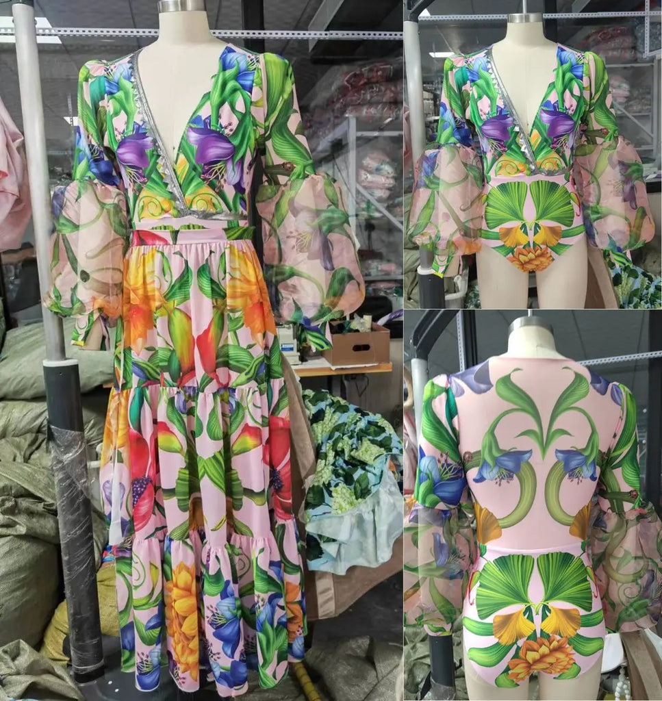 Women’s 2026 V‑Neck Long‑Sleeve Bikini Set – Printed Two‑Piece Swimsuit with Maxi Skirt Cover‑Up