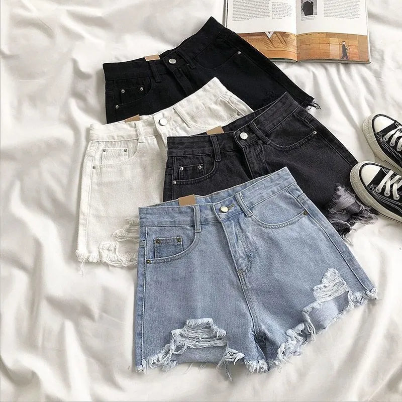 Women’s Korean High‑Waist Ripped Denim Shorts – Y2K Tassel Hot Pants Summer Streetwear (Blue)