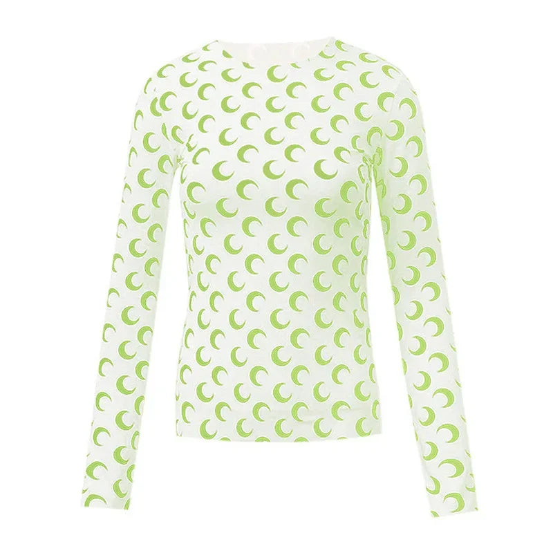 New Printed Mesh Women Base Shirt Spring Autumn Fashion Casual Long Sleeved Sun Protection Ice Silk Inner Layer Women's T-Shirt