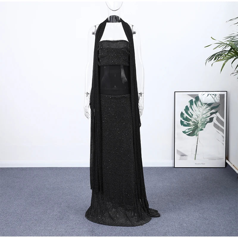 Sexy Ribbon Sparkle Strapless Draped Maxi Dress Women Sleeveless Backless Bodycon Long Dresses 2025 New Lady Club Party Robes