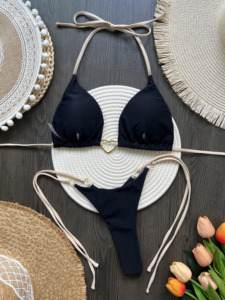 Women’s Sexy Halter Triangle Bikini – Low‑Waist Brazilian Thong Two‑Piece Swimsuit (Solid Color)