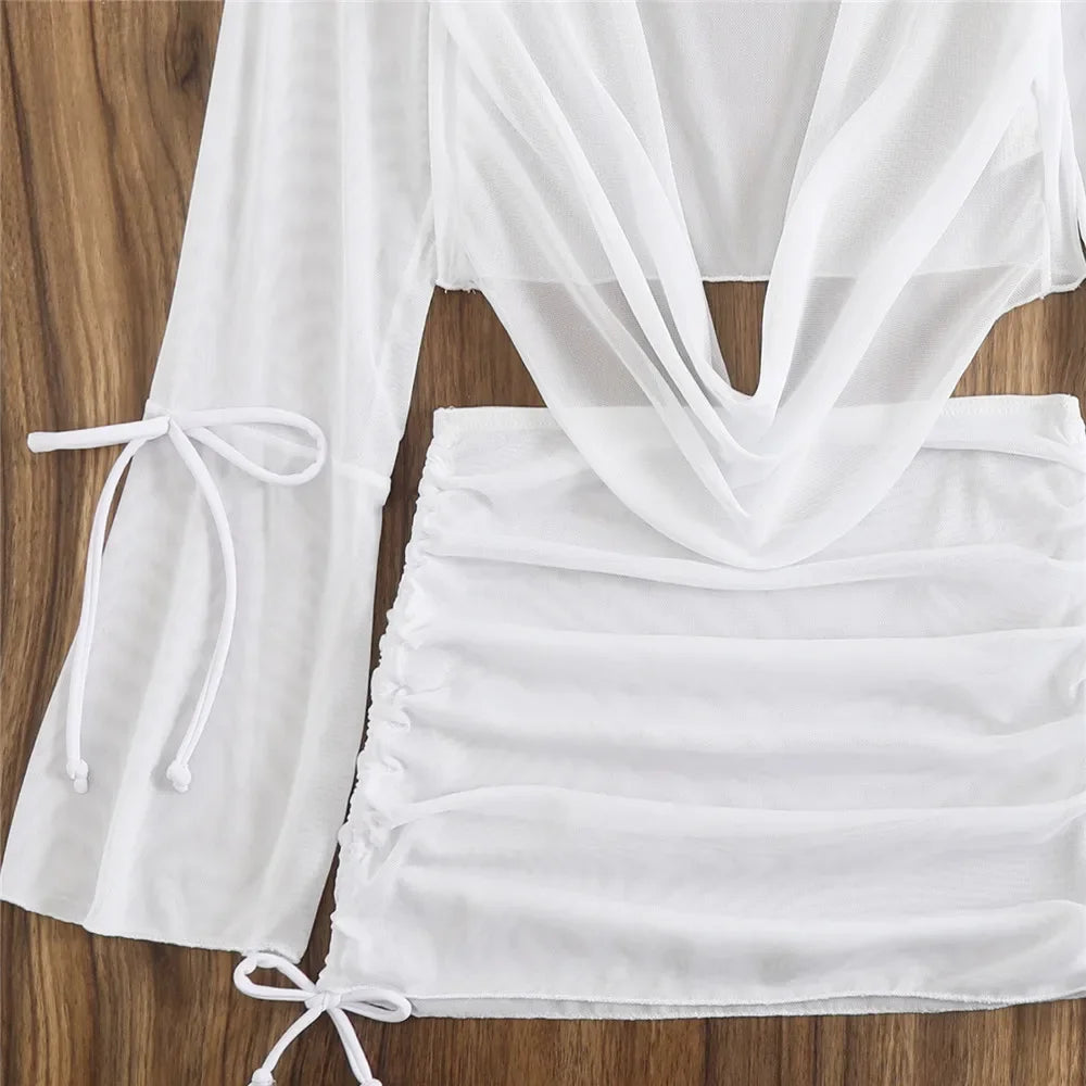 Women’s Brown Halter String Triangle Bikini Set — 4‑Piece Mesh Smock Cover‑Up Swimwear with Metal Ring Details
