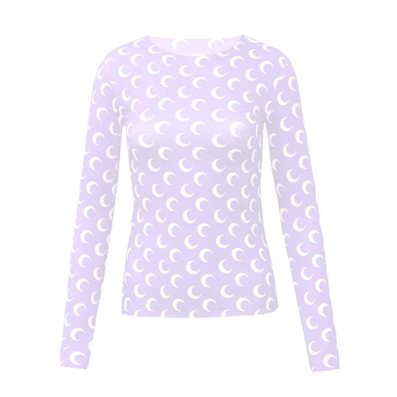 New Printed Mesh Women Base Shirt Spring Autumn Fashion Casual Long Sleeved Sun Protection Ice Silk Inner Layer Women's T-Shirt