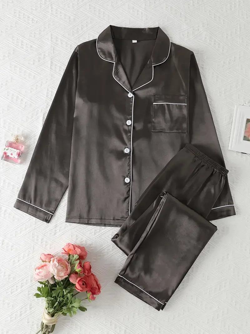 Autumn Winter Silk Pajamas Set for Women Casual Soft Breathable and Relaxed Fit Long Shirt Tops and Long Pants Sleepwear