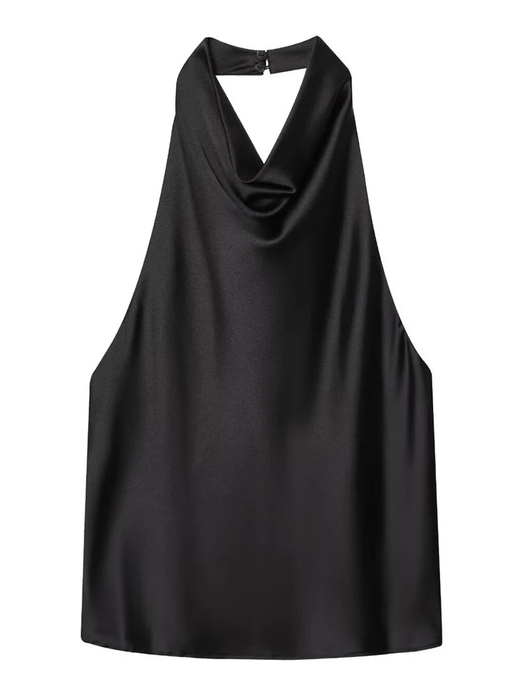 Women’s Satin Halter Backless Corset Top – Elegant Summer Sleeveless Tank in Yellow, Pink, Black