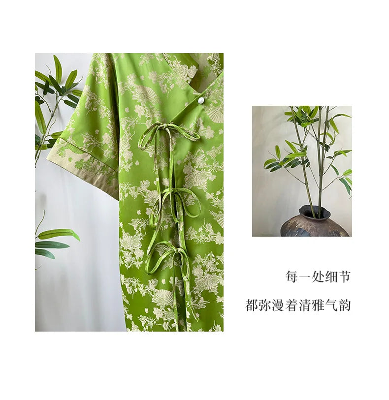 New Chinese Style Pajamas Women Jacquard Flower Sleepwear Short Sleeve Trouser Suits Spring Summer Silk Satin Nightwear Homewear