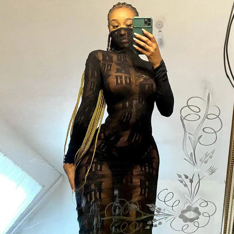 See Through Long Dress Women Sexy Long Sleeves Dresses Body-shaping Vestido Female Party Night Club Clothing Black White Dresses