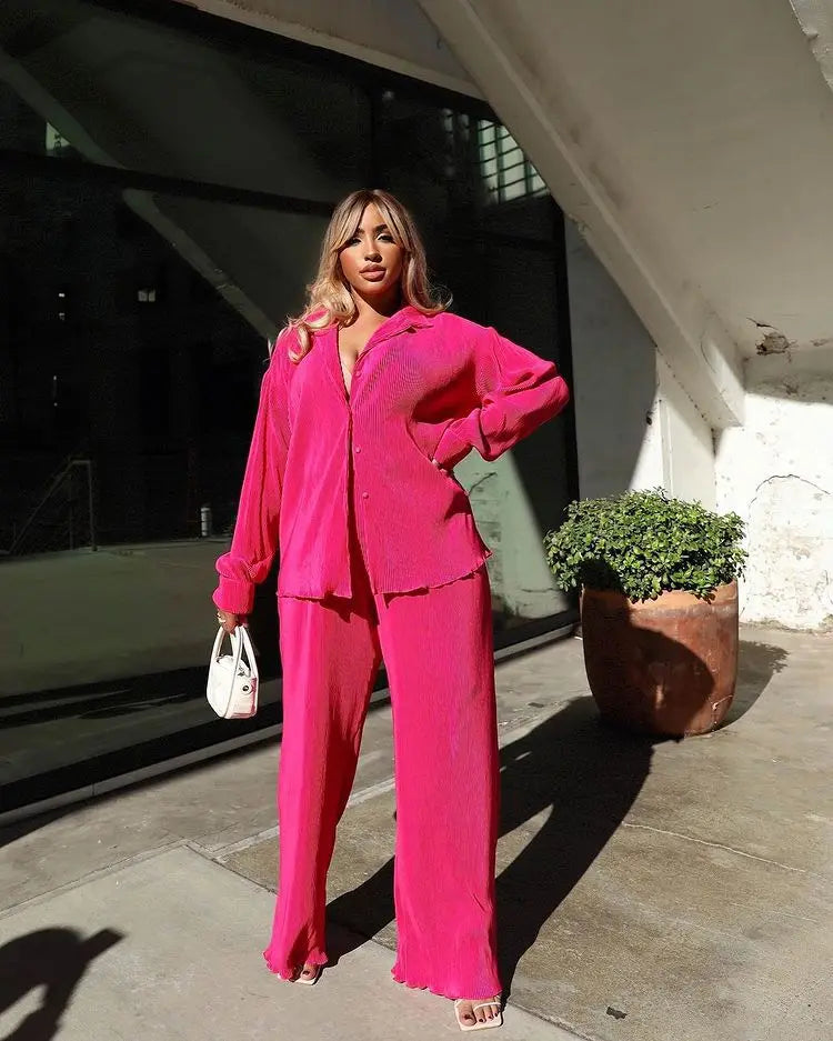 CM.YAYA Street Women's Set Long Sleeve Shirt Tops and Wide Leg Pants Elegant Tracksuit Two Piece Set Sweatsuit Fitness Outfits