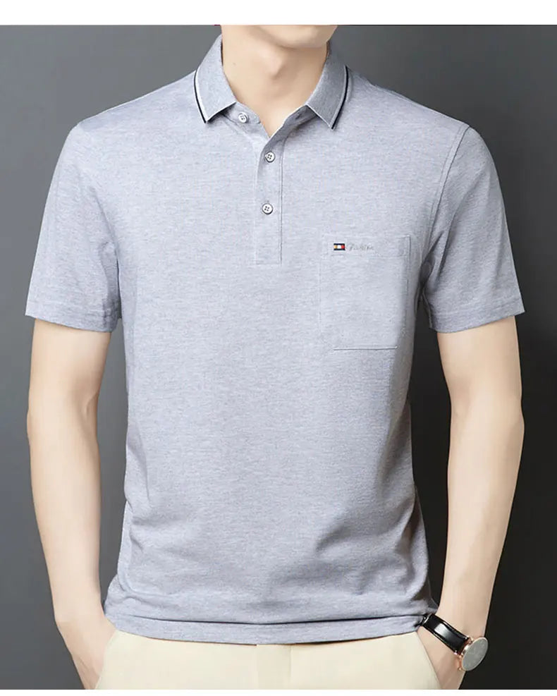 Top Grade Summer Short Sleeve Korean New Fashion Cotton Soft Pure Color Lapel Slim Fit Casual Tops Men's pocket Polo Shirts