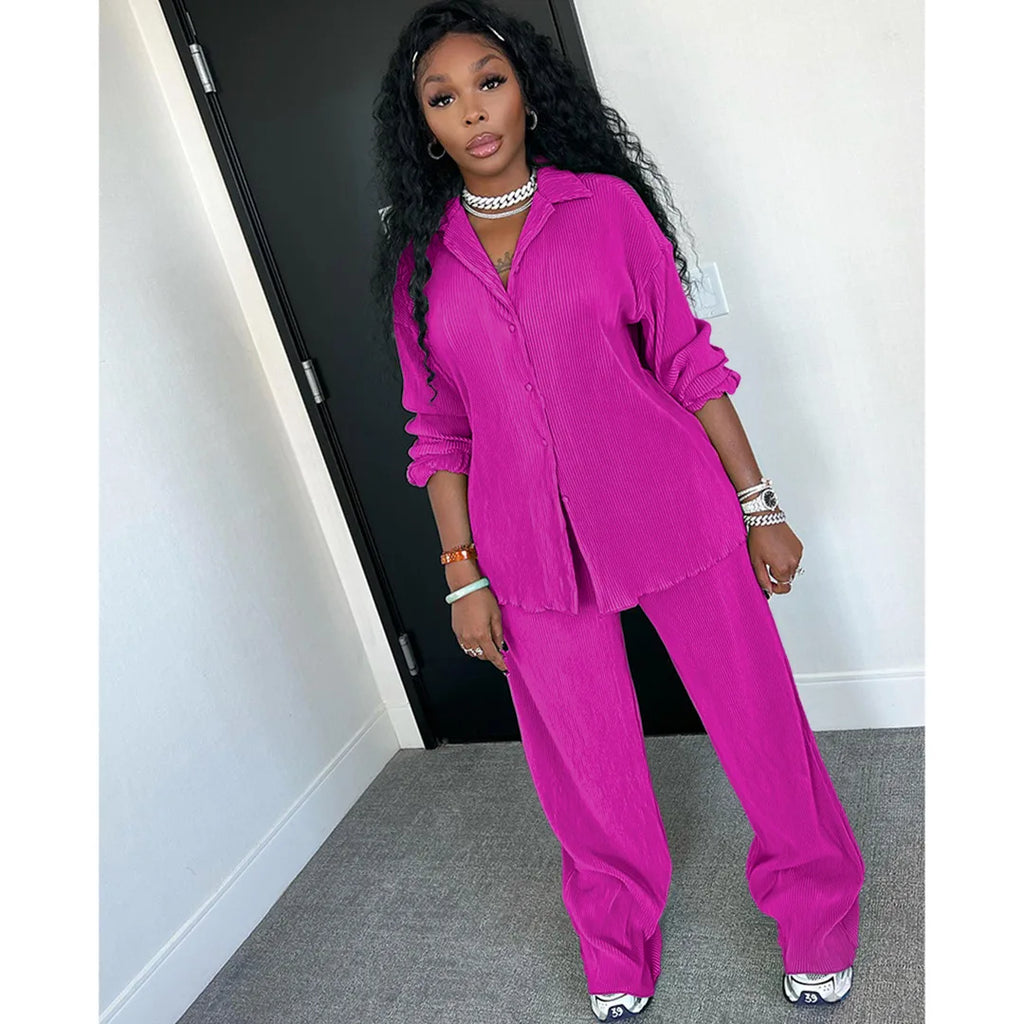 CM.YAYA Street Women's Set Long Sleeve Shirt Tops and Wide Leg Pants Elegant Tracksuit Two Piece Set Sweatsuit Fitness Outfits