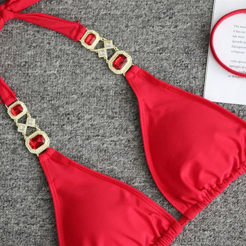 Women’s 2026 Rhinestone Diamond Bikini – Halter Chain Two‑Piece Swimsuit, Sexy Shiny Brazilian Swimwear