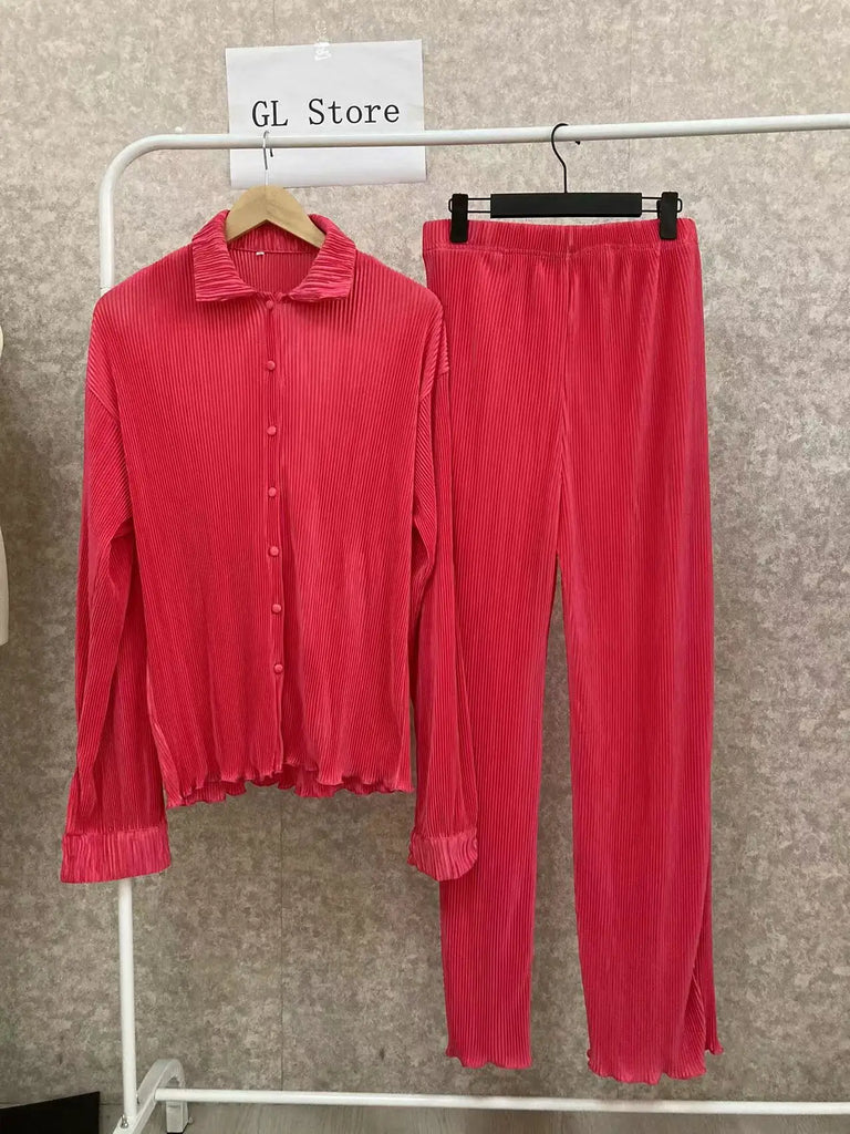 CM.YAYA Street Women's Set Long Sleeve Shirt Tops and Wide Leg Pants Elegant Tracksuit Two Piece Set Sweatsuit Fitness Outfits