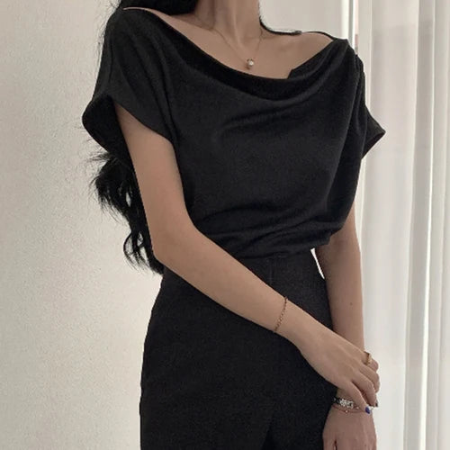 Temperament Off Shoulder Design Versatile Short Sleeve Pile Up Collar Shirt Slash Crop Top Blusas Mujer De Moda 2025 Slim Shirts