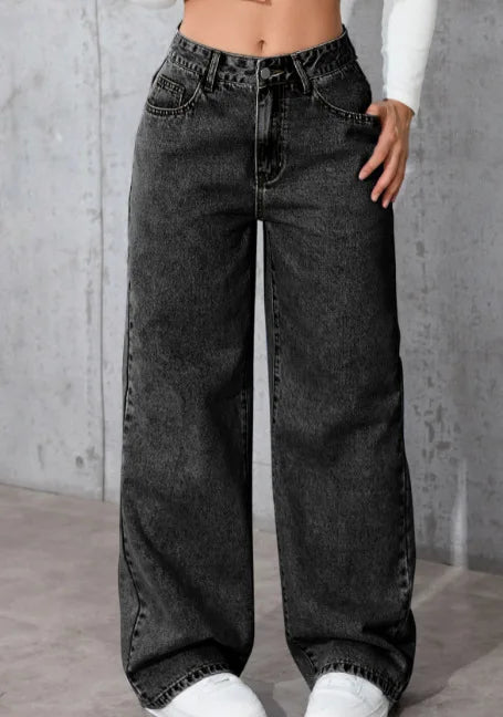 Trendy Washed High-Waisted Straight-Leg Jeans Women with Large Front & Back Pockets for Daily Casual Versatile Lady Jeans ‌