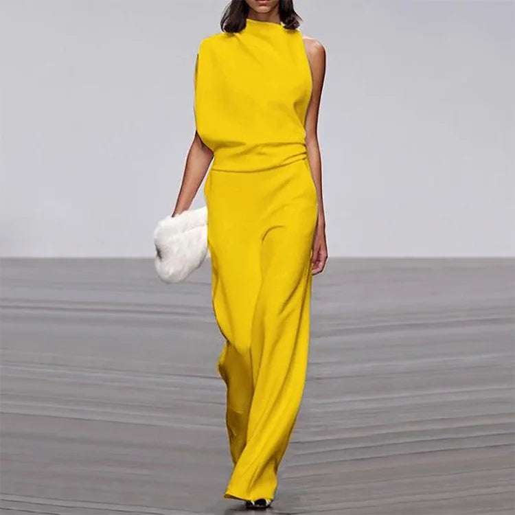 Solid Color Irregular Sleeveless Jumpsuits Women Fashion Temperament Sexy Backless Folds Slightly Flared Jumpsuit Female 2025