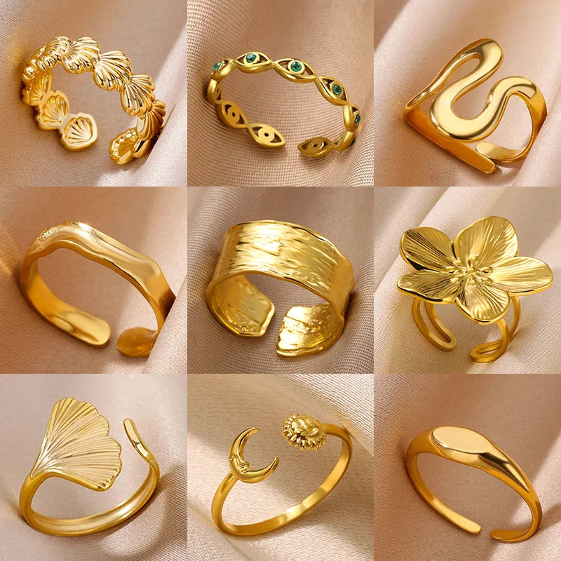 Minimalist Textured Stainless Steel Geometric Rings – Gold Open Adjustable Couple Ring for Women & Men