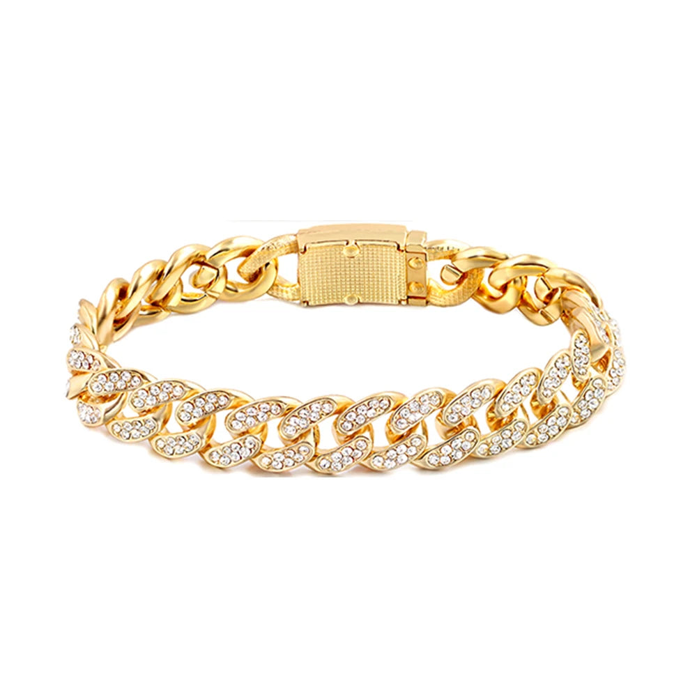 1Pcs 13/14MM Cuban Chain Bracelet for Men Women Prong Miami Rhinestones Cuban Bracelets Wristband Hiphop Gifts Jewelry