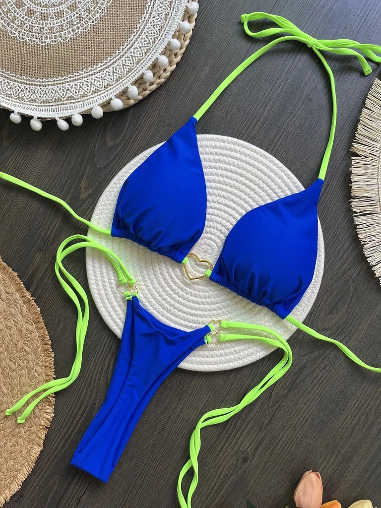 Women’s Sexy Halter Triangle Bikini – Low‑Waist Brazilian Thong Two‑Piece Swimsuit (Solid Color)