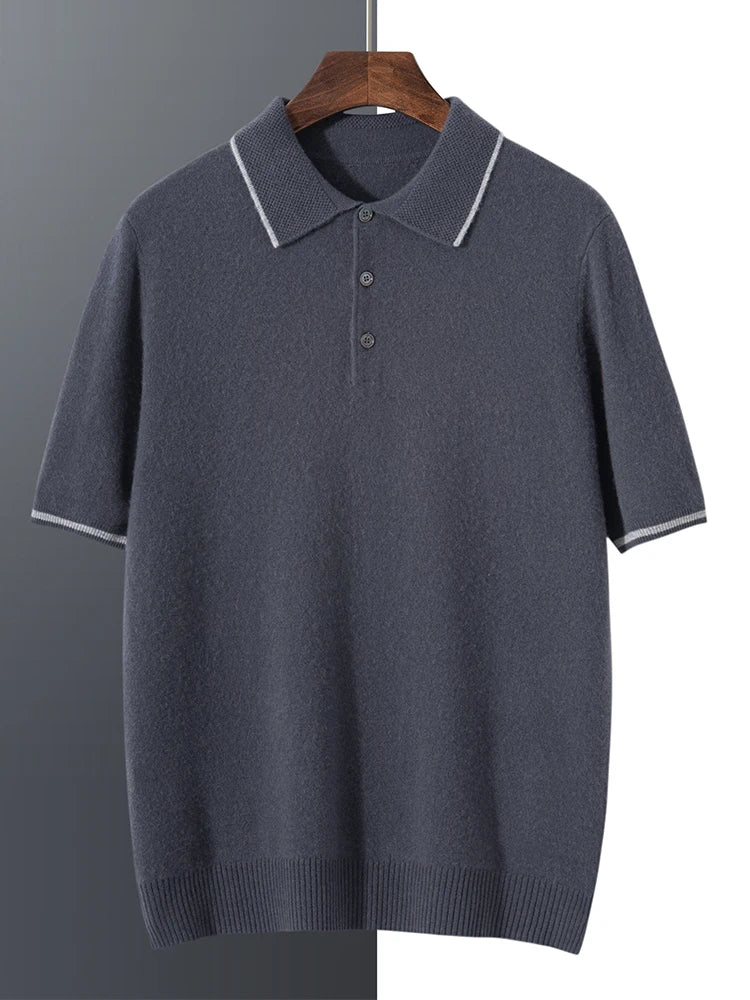 ADDONEE Men's Cashmere Summer Polo T-shirt Smart Casual Short Sleeve Pullover Sweater 100% Cashmere Knitwear Korean Fashion Tops