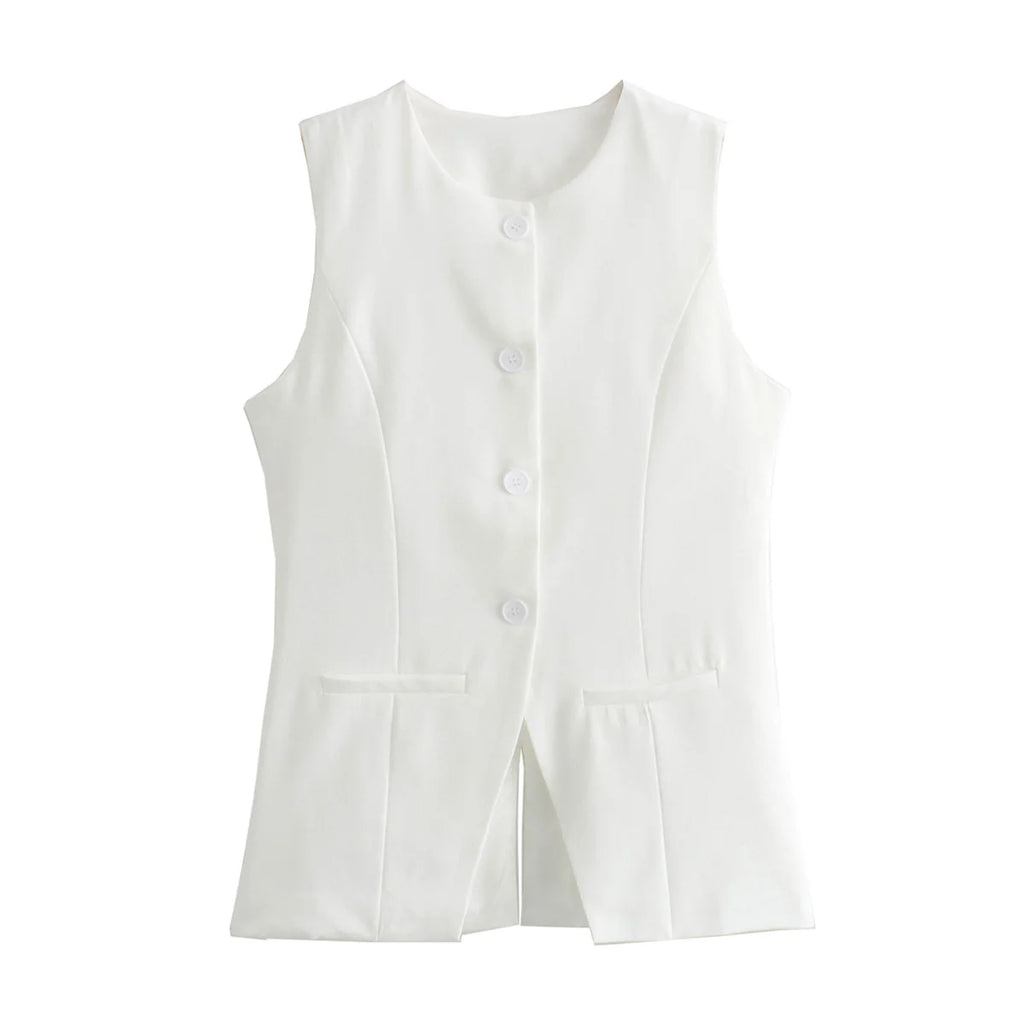 TELLHONEY Women Fashion O-Neck Single Breasted With Pockets Vest Front Zipper Button Short Female Casual Two Piece Set