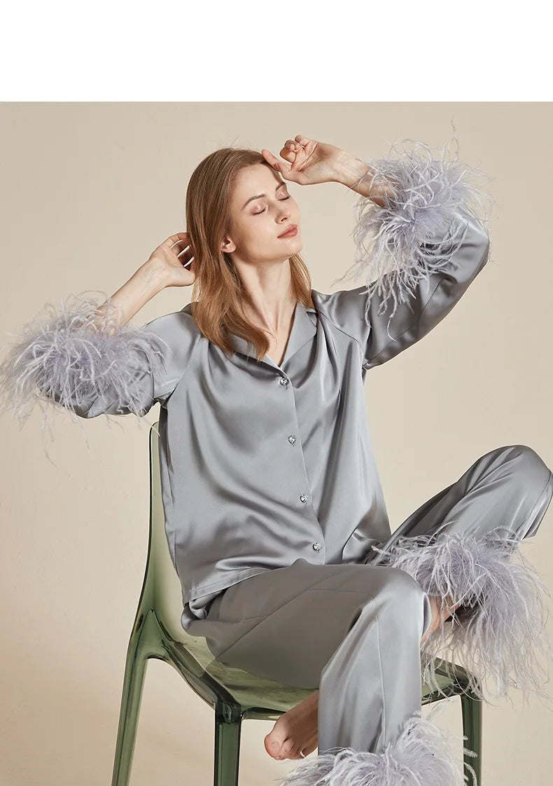 luxury feather‑trim satin pajama set