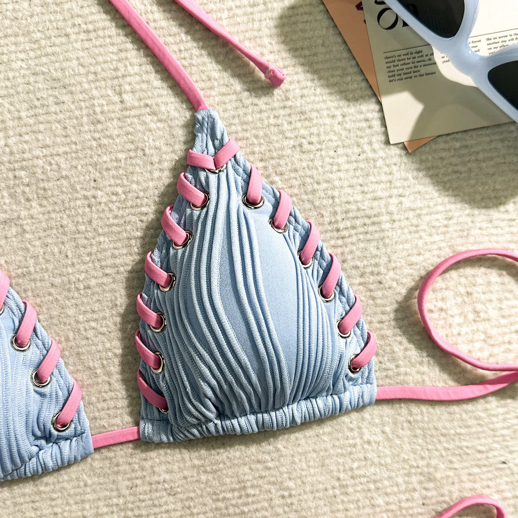 Halter Wrinkled Weave Bikini Set Women Swimwear Female Swimsuit Two Pieces Bikini Set Brazilian Bathing Suit Swim Beach Wear
