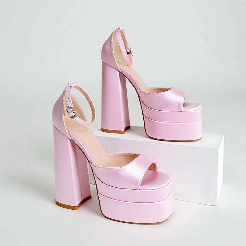 Summer Square‑Head Satin High Heels