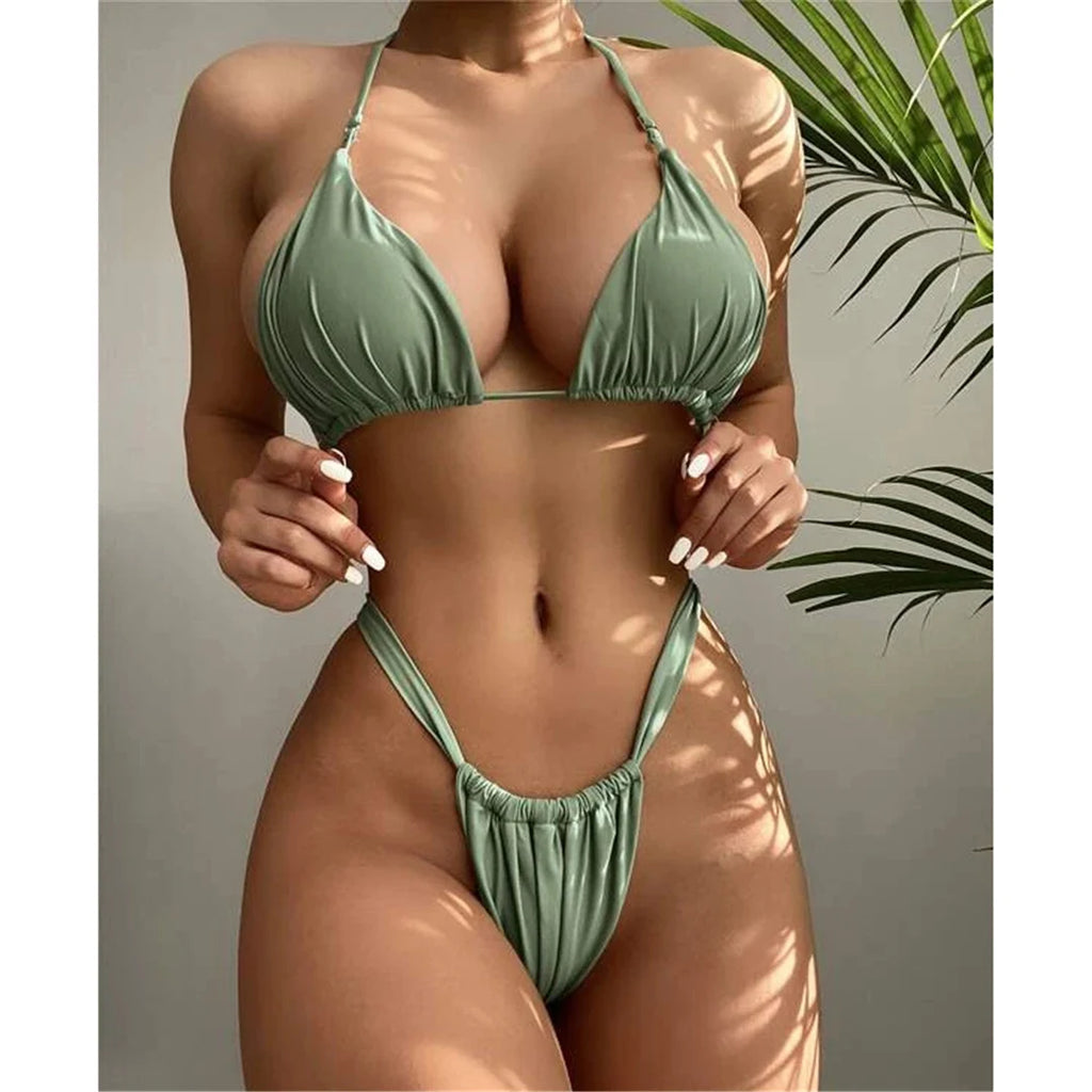 Women’s Halter High‑Leg Bikini Set – Sexy Two‑Piece Swimsuit in 14 Colors, V4010 Summer Beachwear