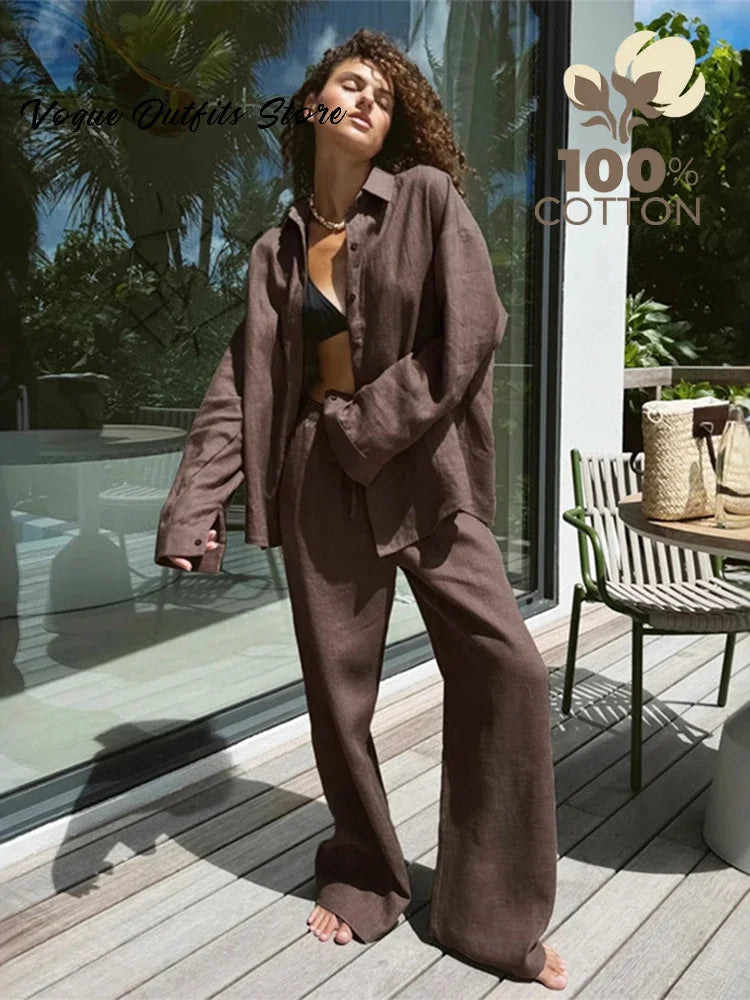 Casual Cotton Solid Women Pants Sets Lapel Single Breasted Loose Top Lace Up High Waist Wide Leg Pants 2025 Spring New Lady Sets