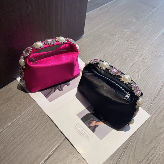 Luxury Designer Pearl Beaded Satin Hobo Bag Women Handbag Rhinestone Diamond Evening Bag Wedding Party Clutch Purse Shoulder Bag