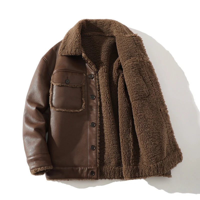 Schinteon Men Suede Leather Jacket Autumn Winter Warm Thick Casual Outwear Faux Lamb Wool Fur Solid Color Turn-down Collar Coat