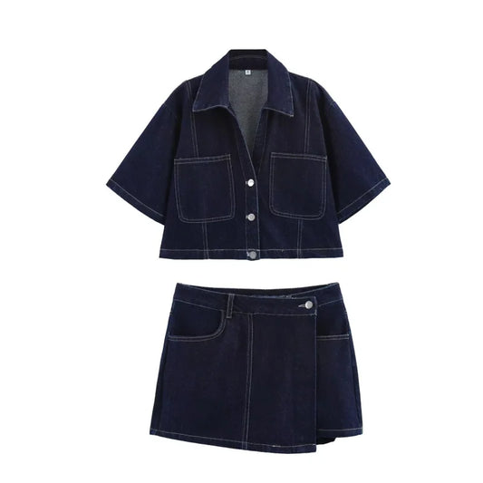 ETJ 2025 TRAF Spring New 1975 collection women's short sleeve lapel denim shirt & asymmetrical high waist denim culottes