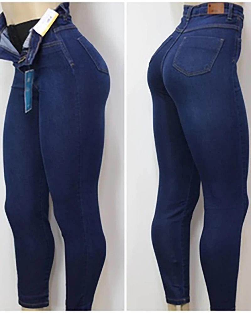 Women Jeans High Waist With Super Lipo Spandex Tummy Squeeze Slimming Waist Tight Denim Pants With Zipped