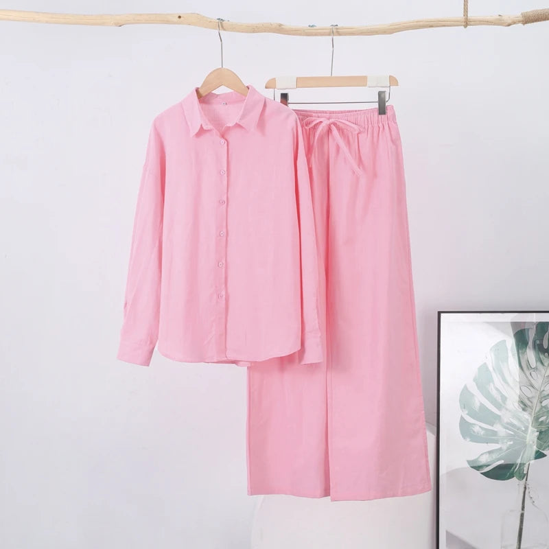 Casual Cotton Solid Women Pants Sets Lapel Single Breasted Loose Top Lace Up High Waist Wide Leg Pants 2025 Spring New Lady Sets