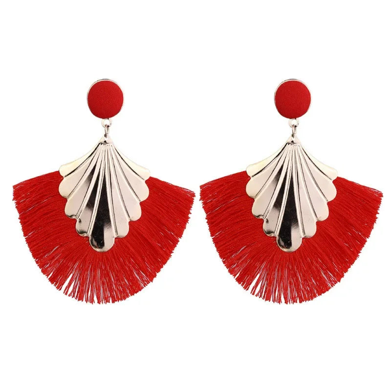 FSUNION 2025 New Bohemia Fan Shaped Tassel Earrings For Women Exaggerated Big Statement Fringed  Vintage Dangle