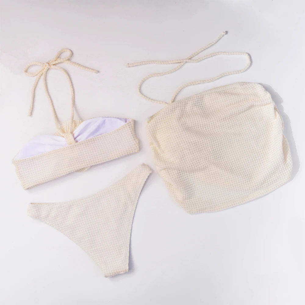 Women’s 2025 Floral 3‑Piece Bikini Set – Solid Bandage Swimsuit with Matching Cover‑Up