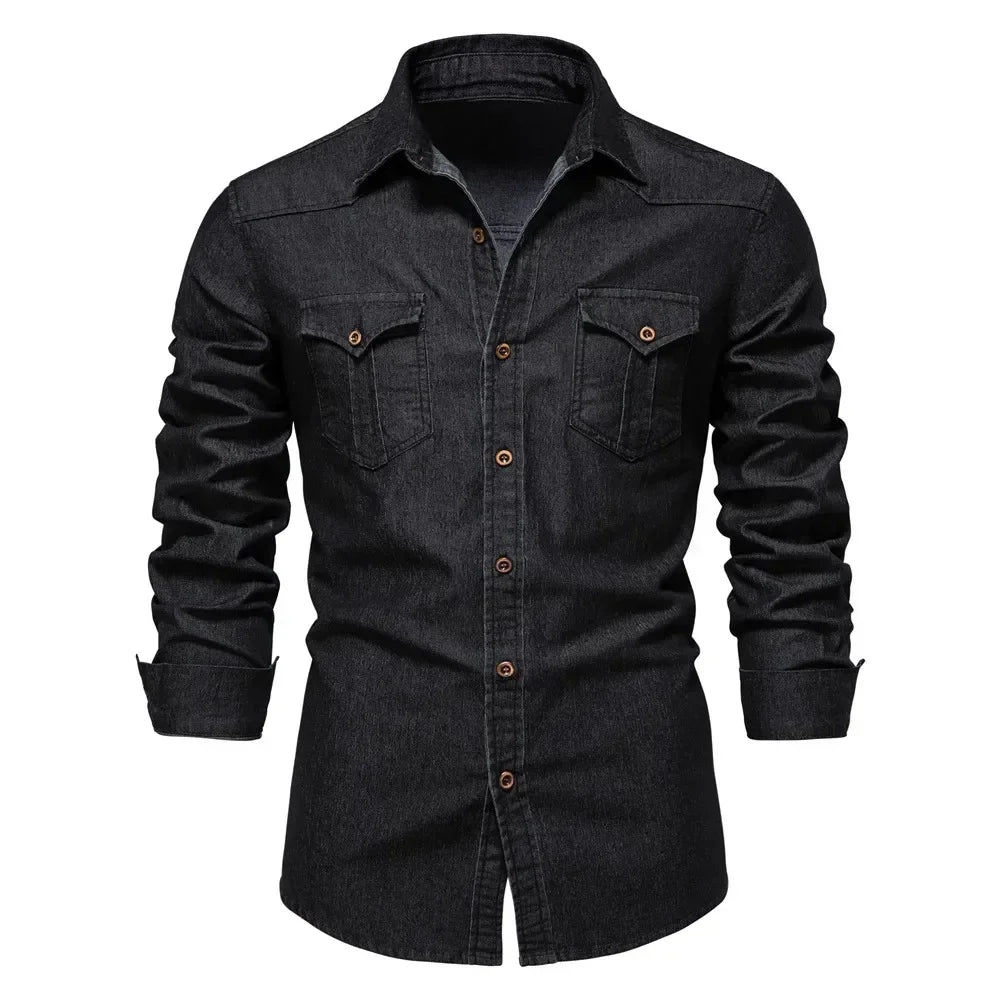 Men’s Elastic Cotton Denim Shirt – Slim‑Fit Long‑Sleeve Cowboy Western Casual Top | AIOPESON Designer Style