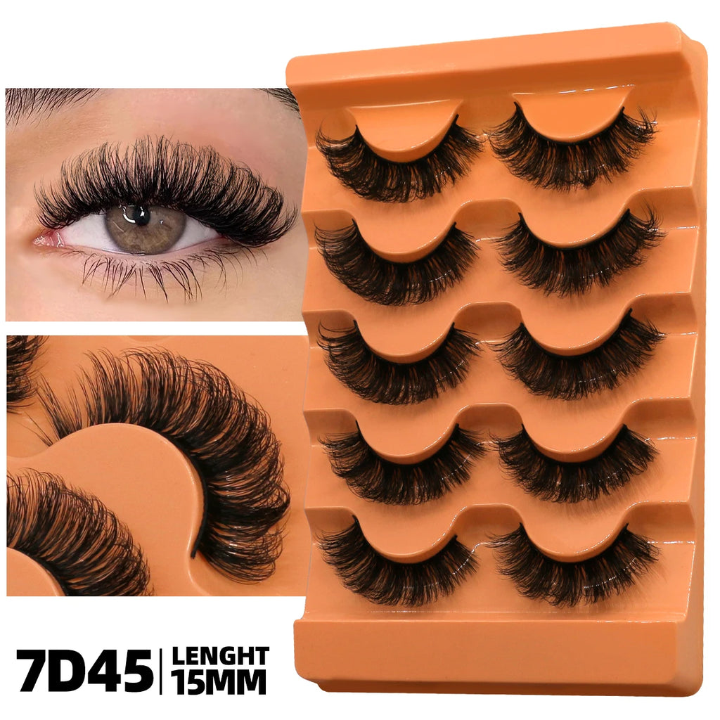 GROINNEYA Fluffy Lashes 5 Pairs D Curl 3D Mink False Eyelashes Thick Volume Russian Strip Lashes Mink Lashes Faux Natural Fake L