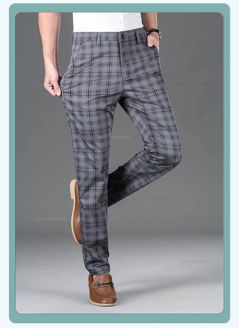 Slim‑Fit Plaid Cotton Pants