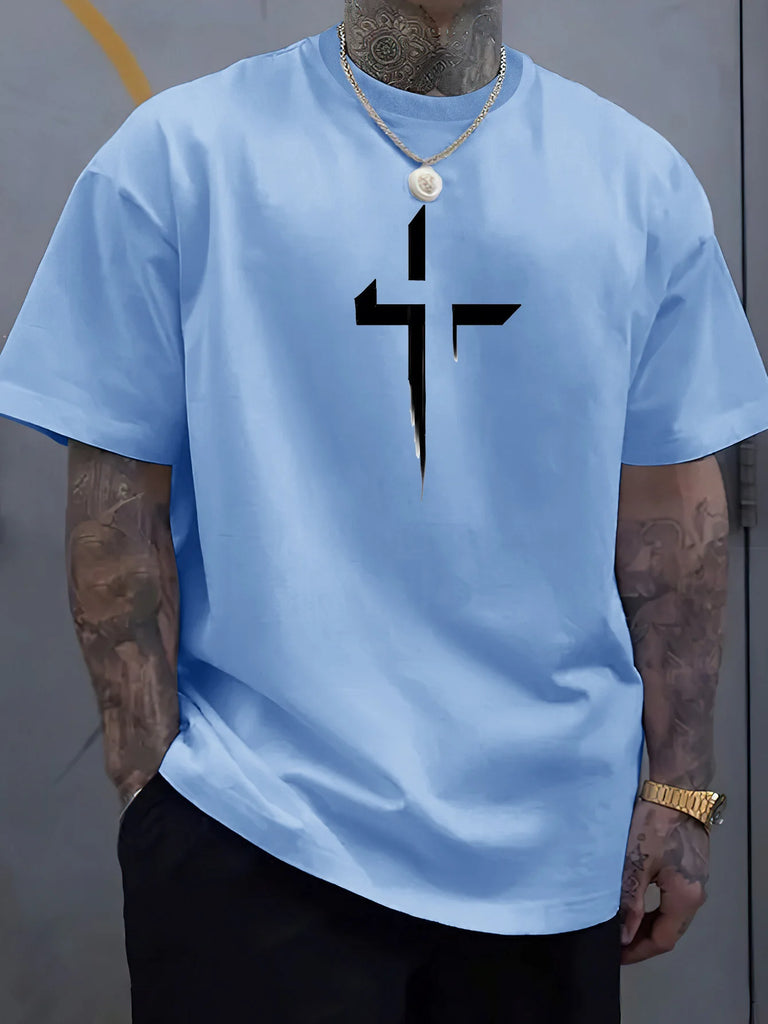 Men’s 100% Cotton Cross‑Print T‑Shirt – Loose Plus‑Size Summer Sports Tee | Comfortable Round‑Neck Casual Top