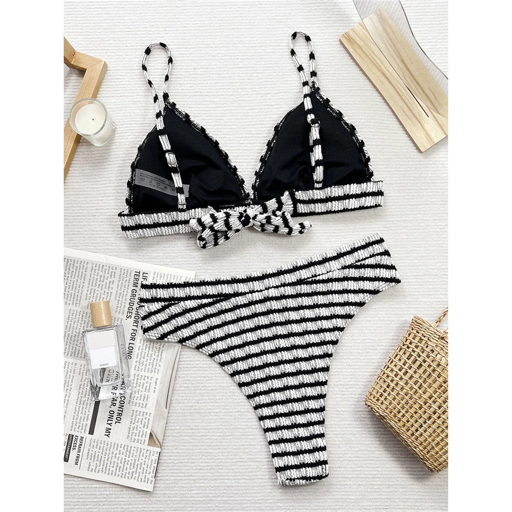 Black & White Striped High‑Waist Bikini – Sexy Two‑Piece Women’s Swimsuit